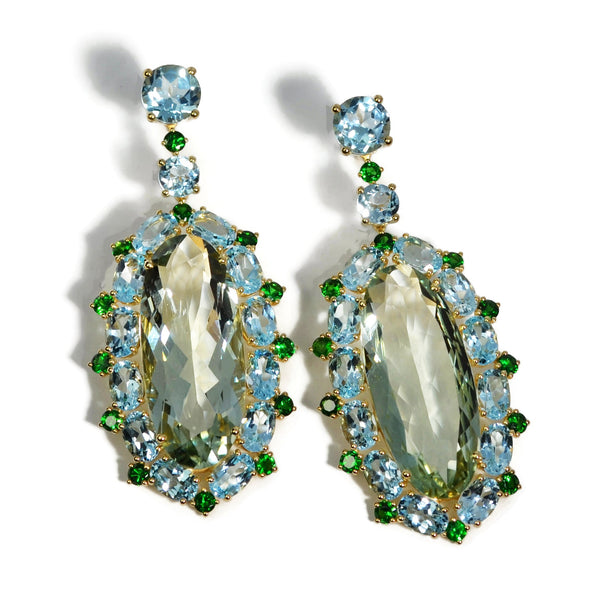 Sole - Drop Earrings with Prasiolite, Sky Blue Topaz and Tsavorite, 18k Yellow Gold