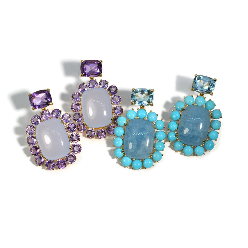 Sole - Drop Earrings with Aquamarine, Turquoise and Sky Blue Topaz, 18k Yellow Gold