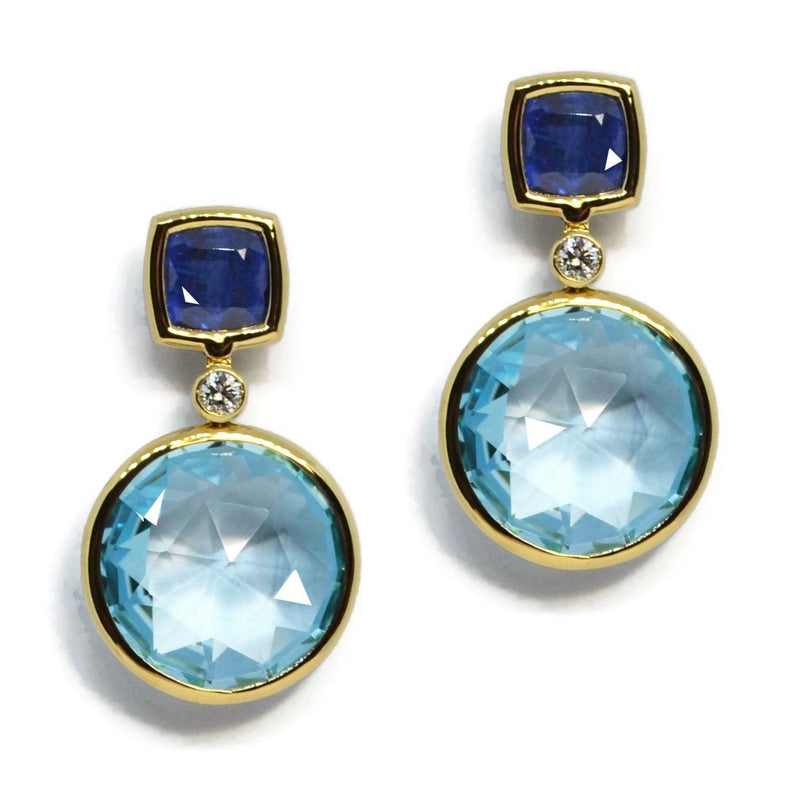 Gaia - Drop Earrings with Kyanite, Blue Topaz and Diamonds, 18k Yellow Gold