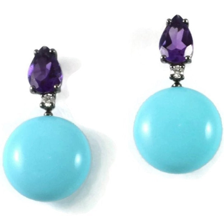 Bonbon - Drop Earrings with Amethyst, Turquoise and Diamonds, 18k Blackened Gold