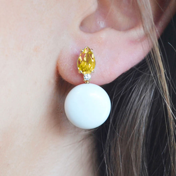 Bonbon - Drop Earrings with Citrine, White Agate and Diamonds, 18k Yellow Gold