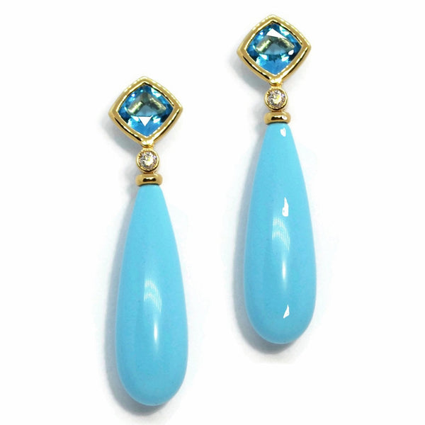 Gaia - Drop Earrings with Swiss Blue Topaz, Diamonds and Turquoise, 18k Yellow Gold